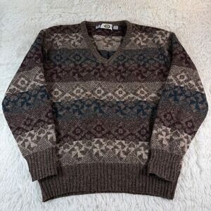 Vintage Harbour Club Shetland Wool Fair Isle V Neck Sweater Men Medium Brown